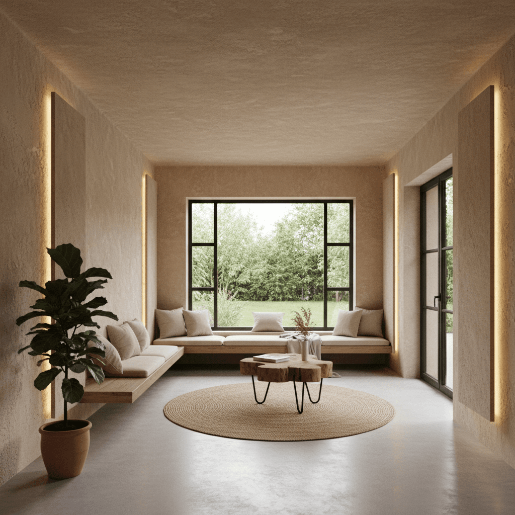 Modern interieur met wandverwarming en natuurlijke stucmuren
