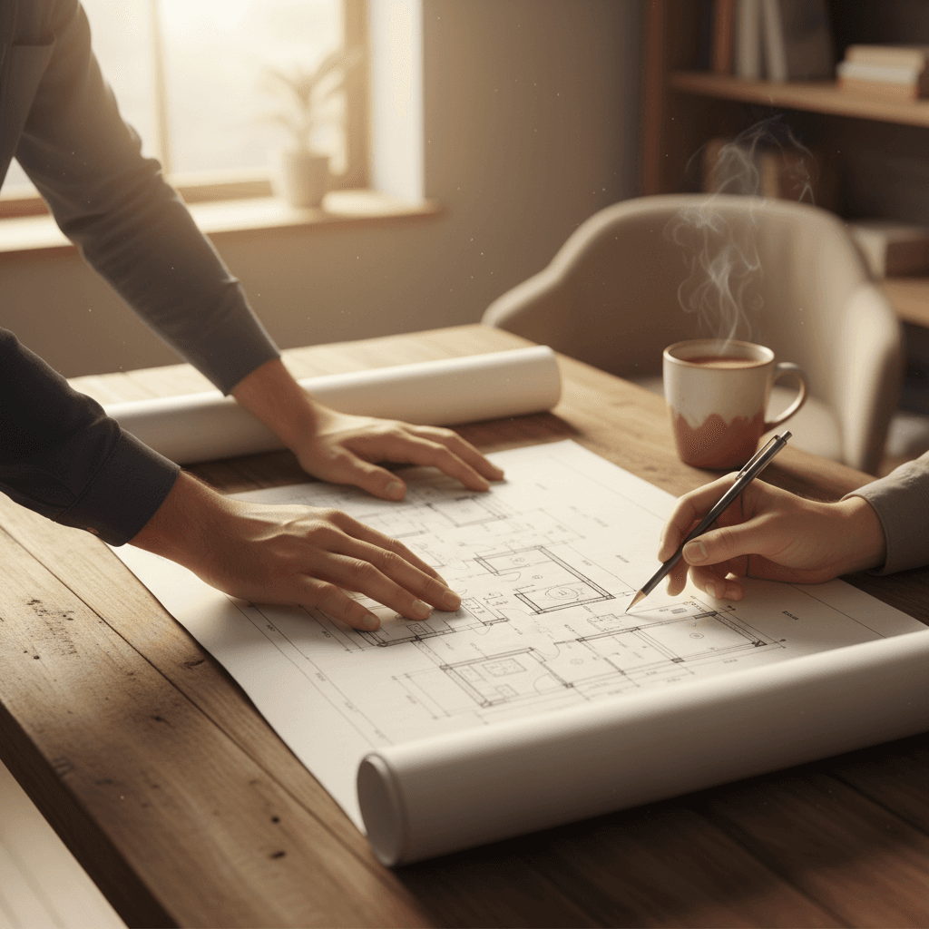 Detailhanden over bouwtekeningen op houten tafel