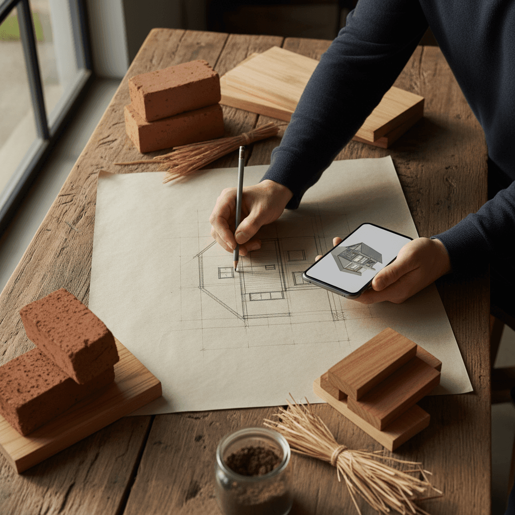 Hands working on house design at a robust table with natural material samples.
