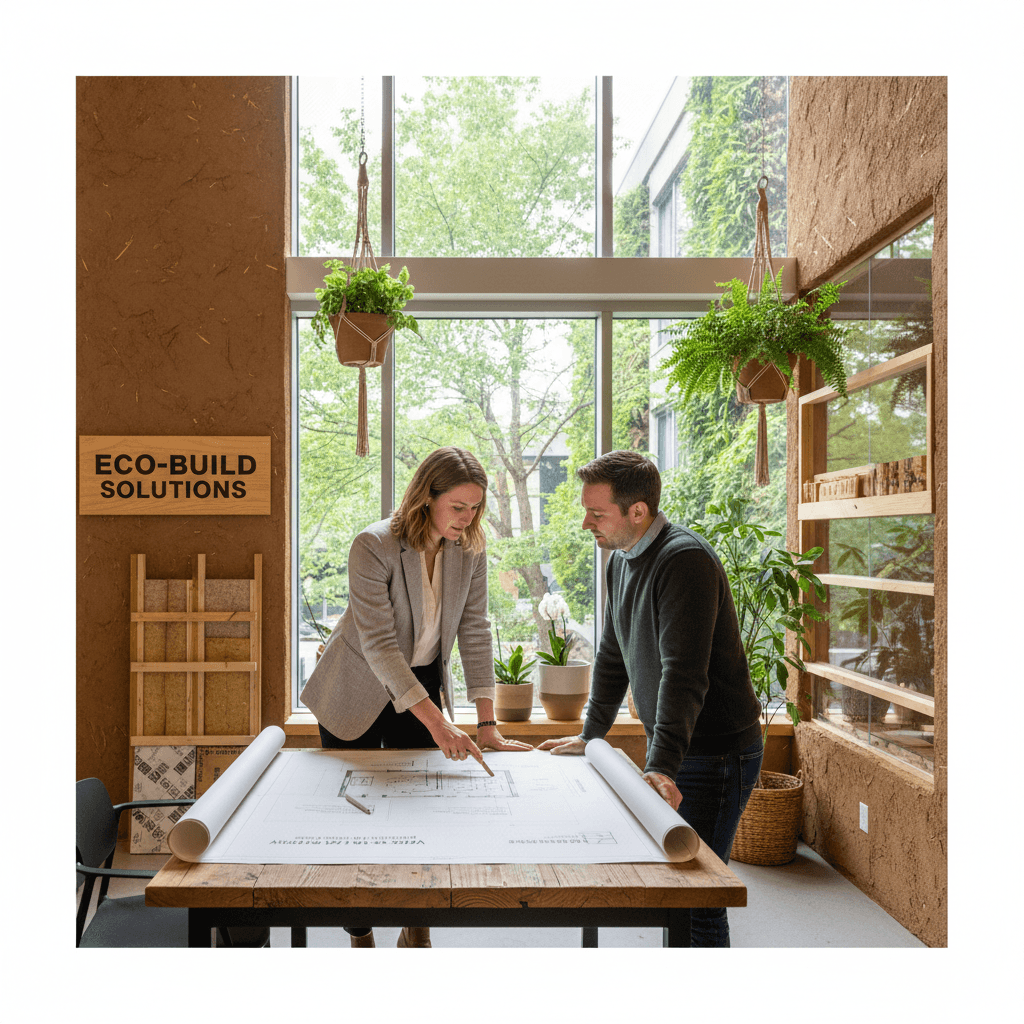 Consultant reviews eco-building plans with client in natural light office.