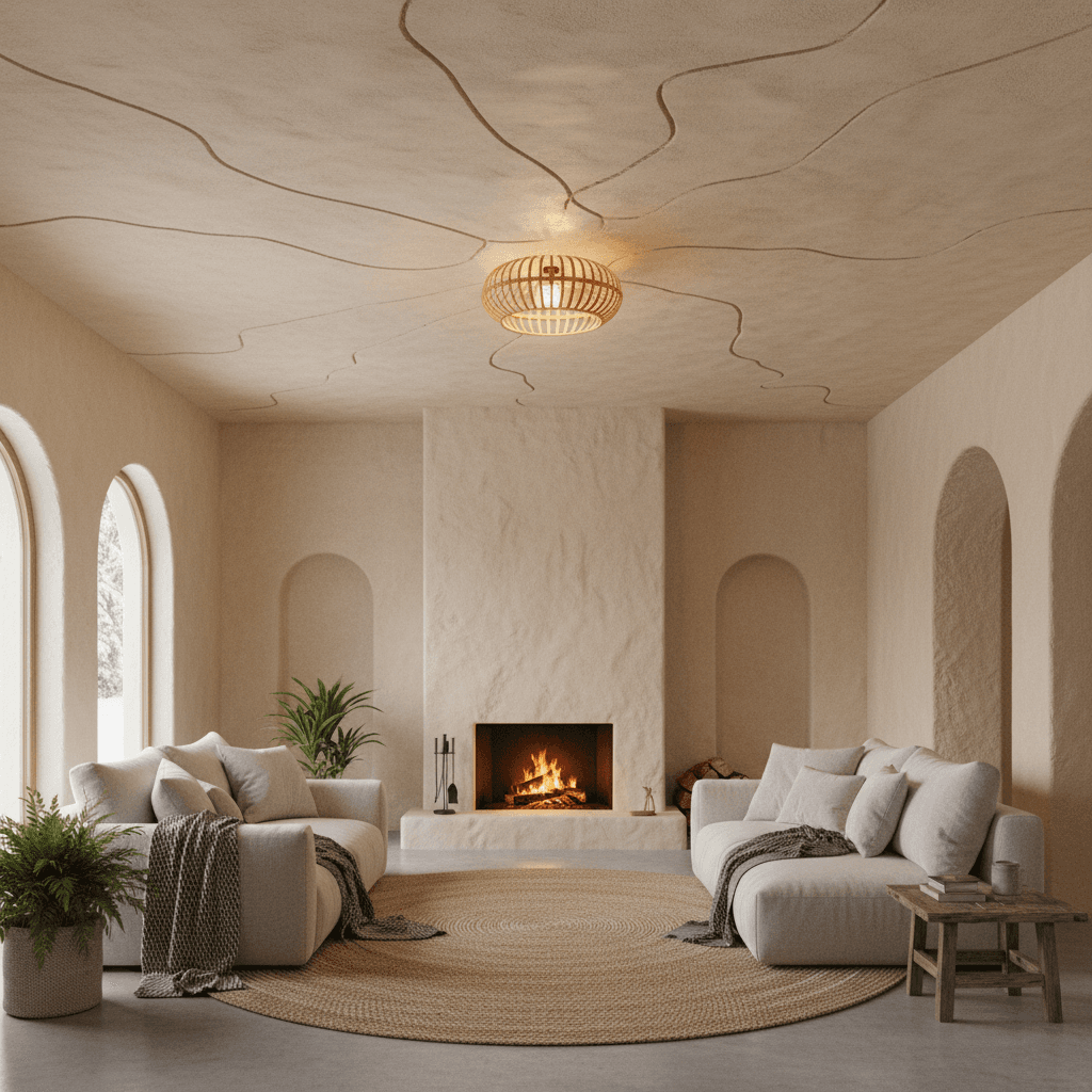 Plafond met natuurlijk stucwerk en verwarmingssysteem in een knusse ruimte