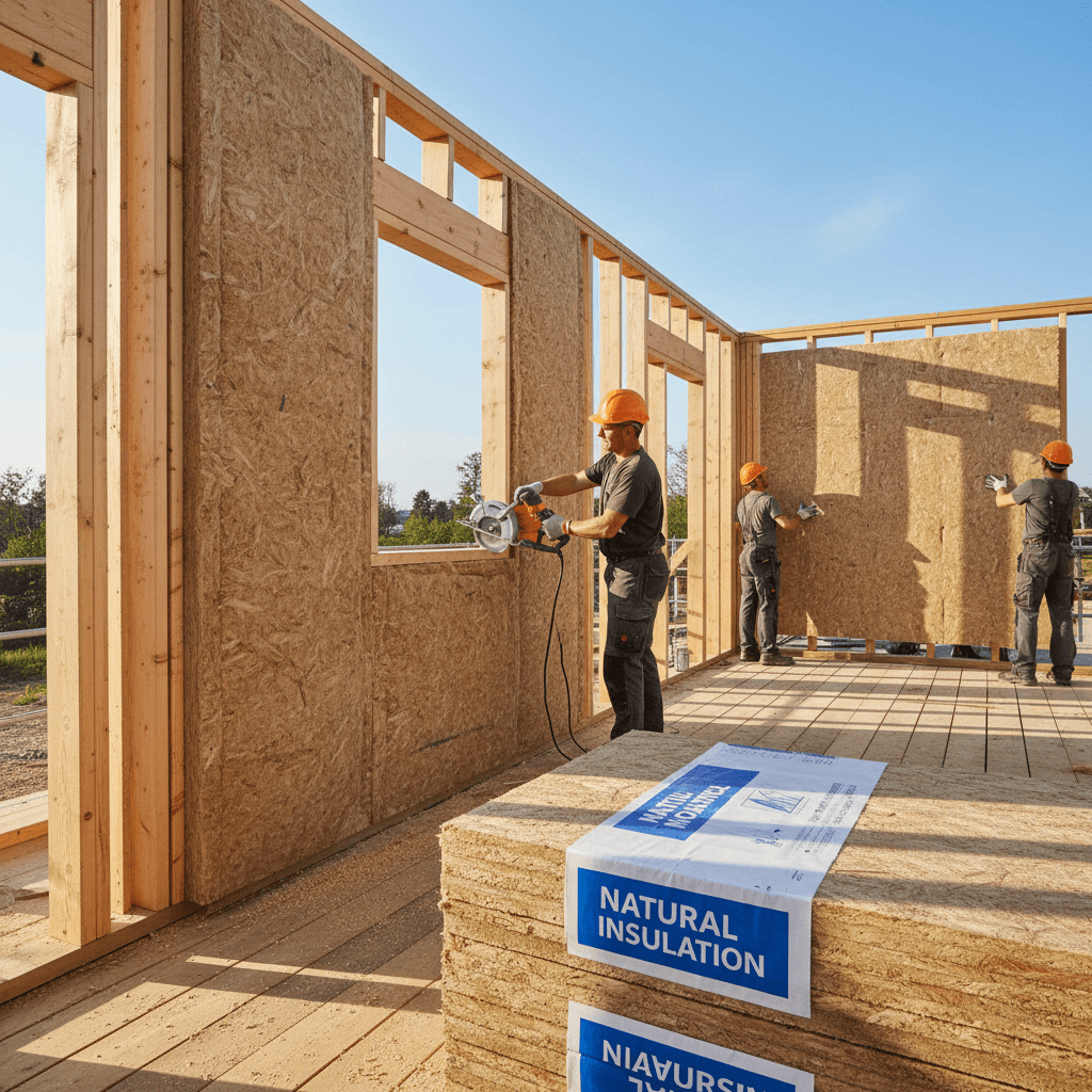 Houtvezelisolatie panelen worden geplaatst op een bouwplaats