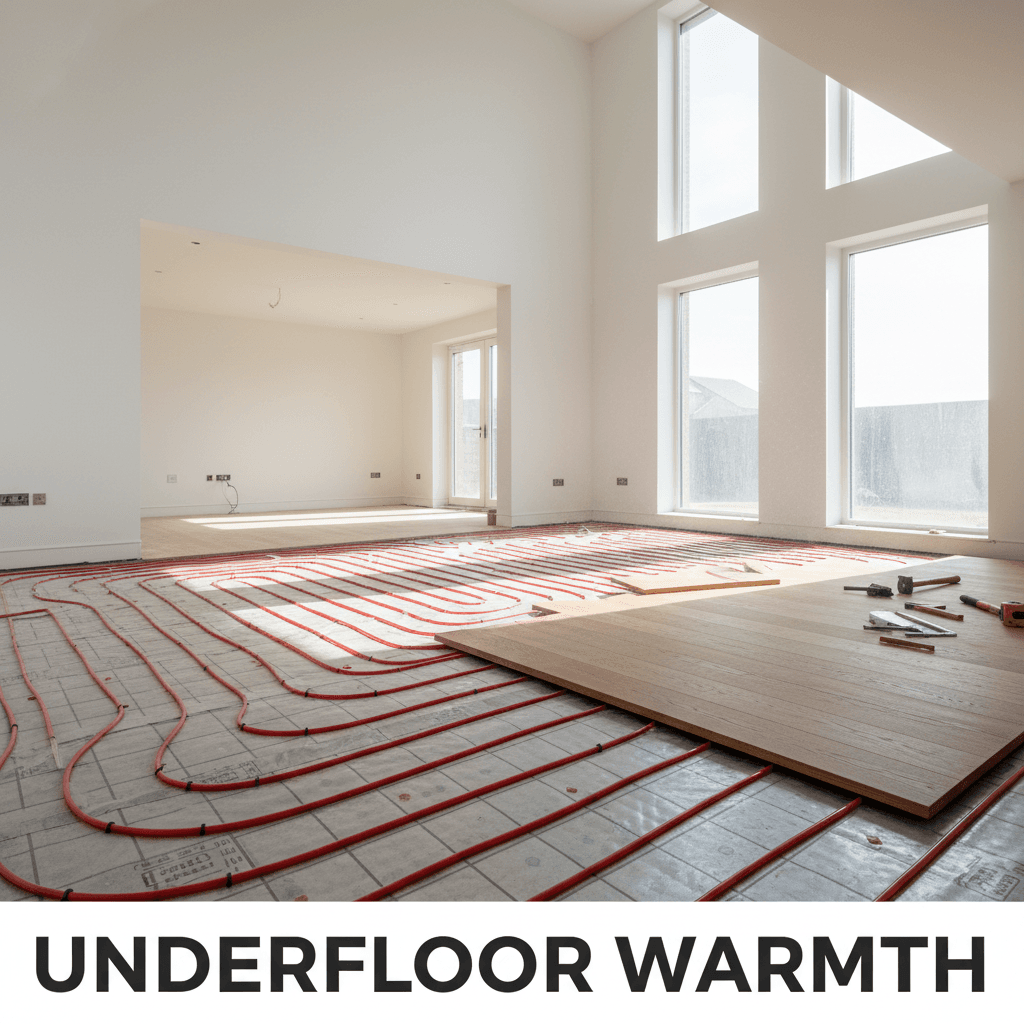 Houten vloer met vloerverwarming in een licht woonhuis